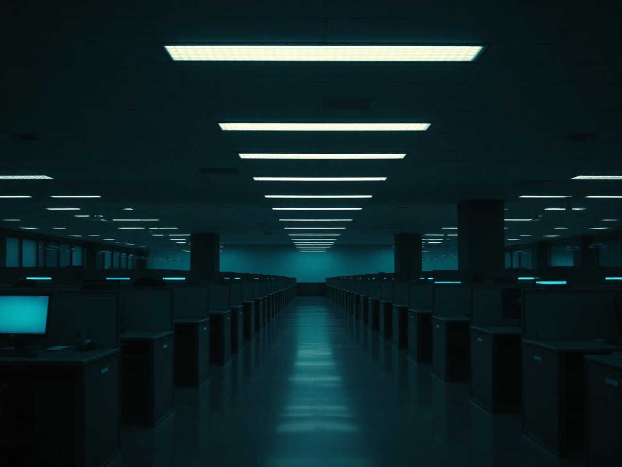 An empty corporate office floor of cubicles in late-day fading light.