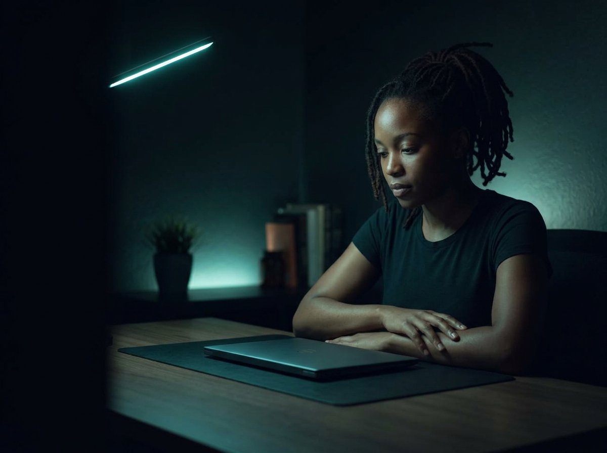 A dim, empty home office at night lit only by a laptop screen.
