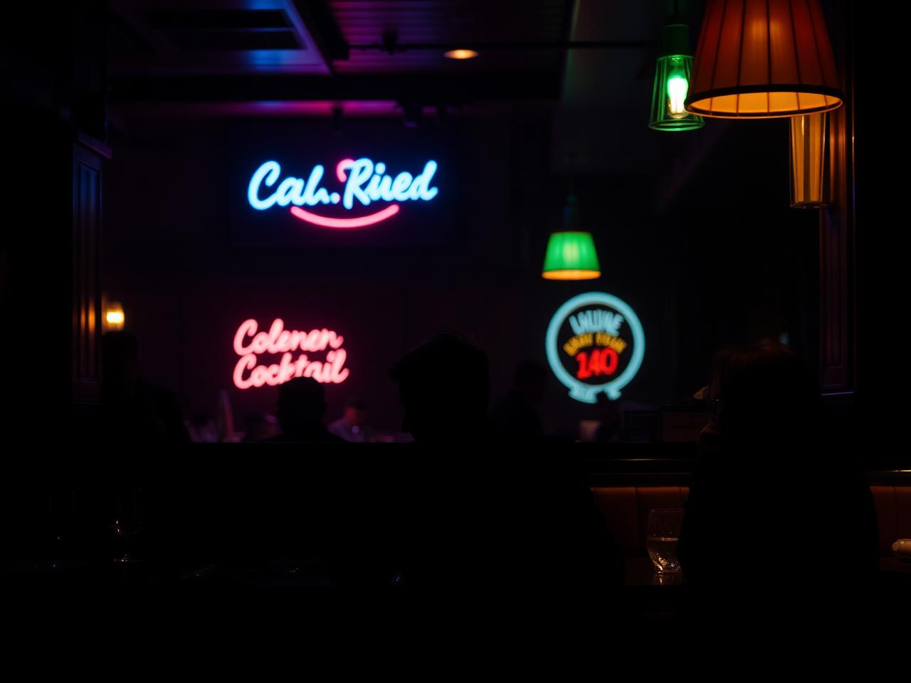 A warmly lit back-booth restaurant with neon accents.